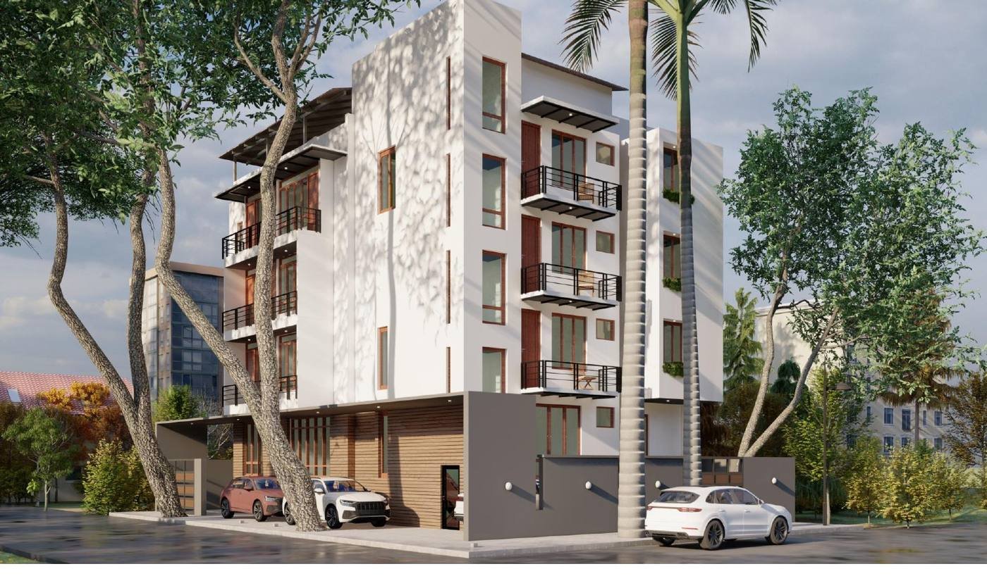 ARTE Homes exterior design visualisation with white wall planes, dark balcony rails, and a timber-toned ground-level screen