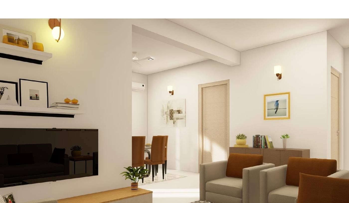 ARTE Homes living-room design visualisation with pale walls and warm upholstery