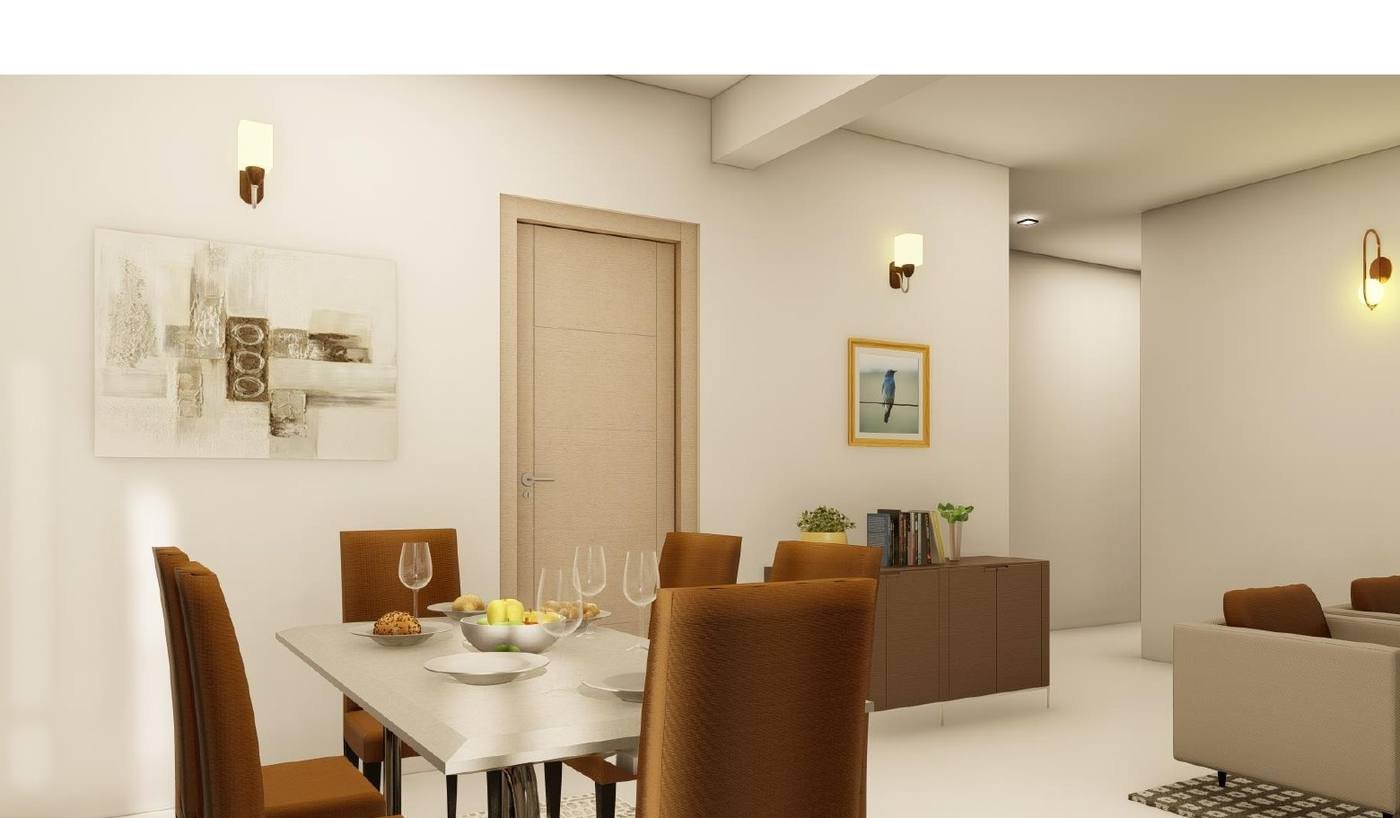 ARTE Homes dining-room design visualisation with warm upholstery and pale walls