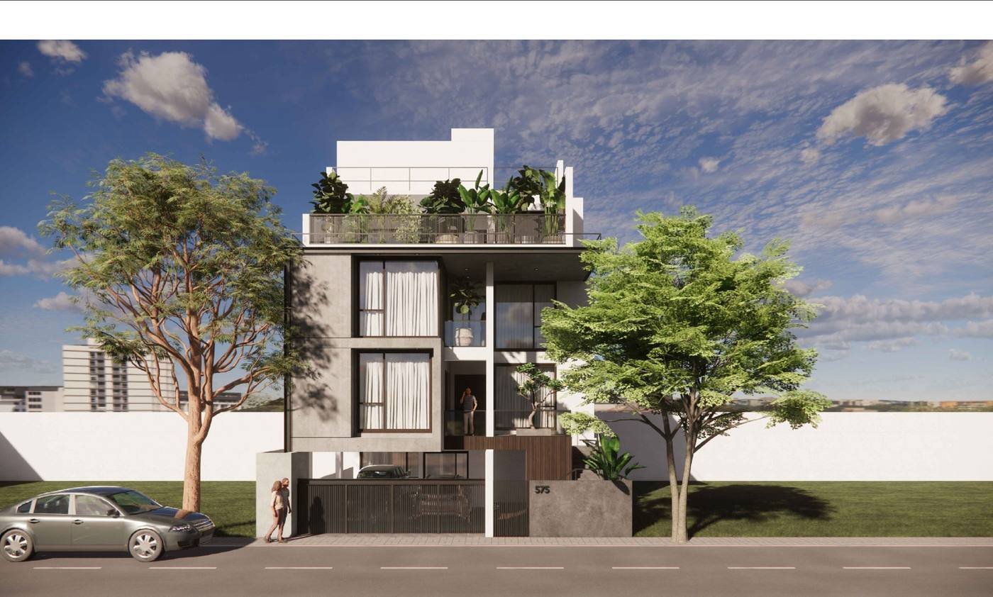 Radha Mohan Residence exterior design visualisation with tall windows and a planted roof terrace