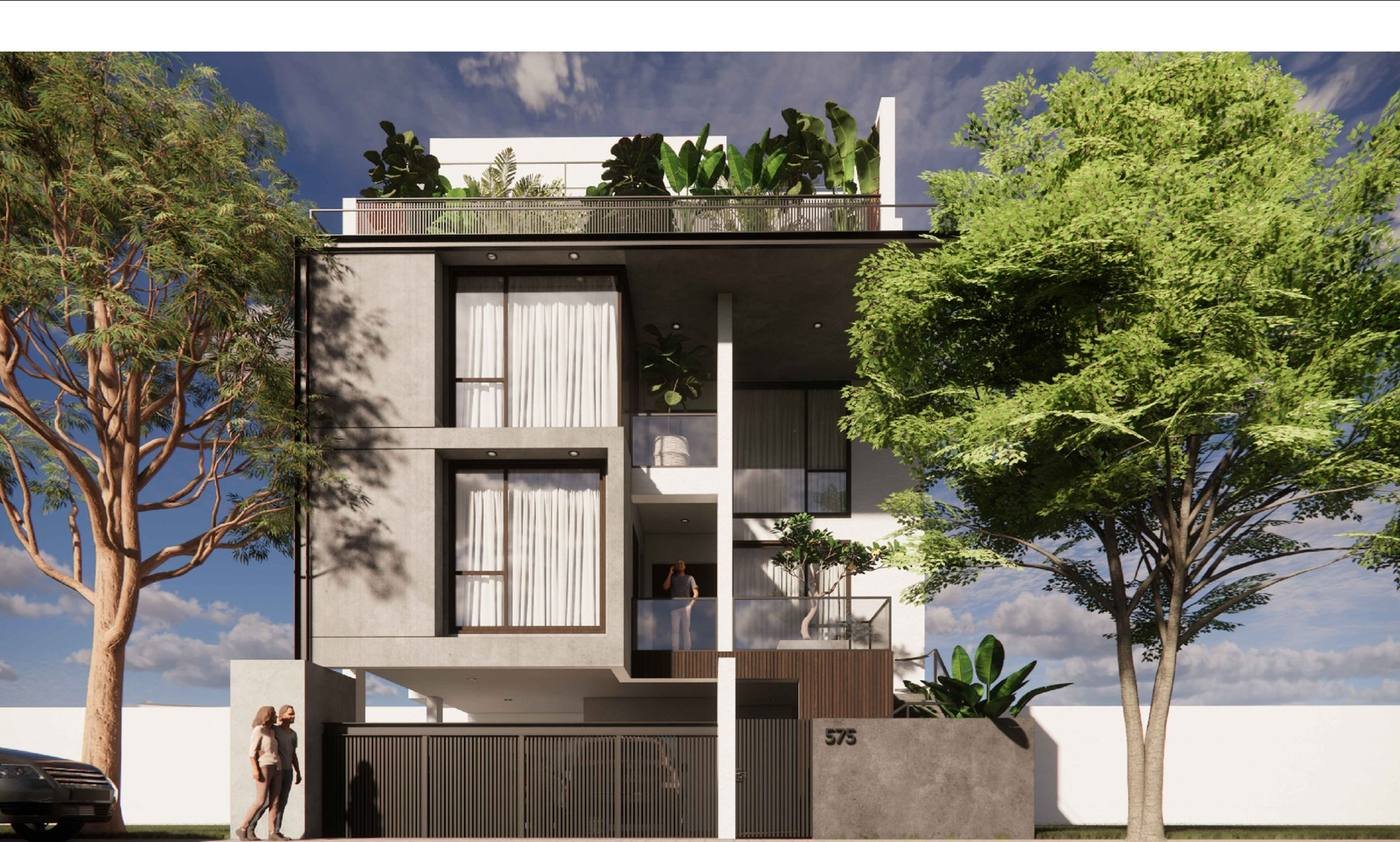 Closer exterior design visualisation of Radha Mohan Residence showing glazed openings and recessed balconies